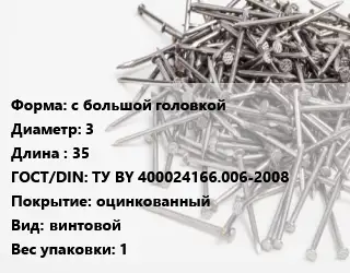 Гвоздь с большой головкой 3х35 ГОСТ: ТУ BY 400024166.006-2008 оцинкованный винтовой 1